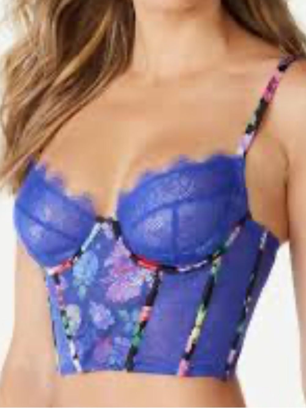 sofia by sofia vergara Royal Blue Lace Longline Bralette bustier Floral Trim 36C
